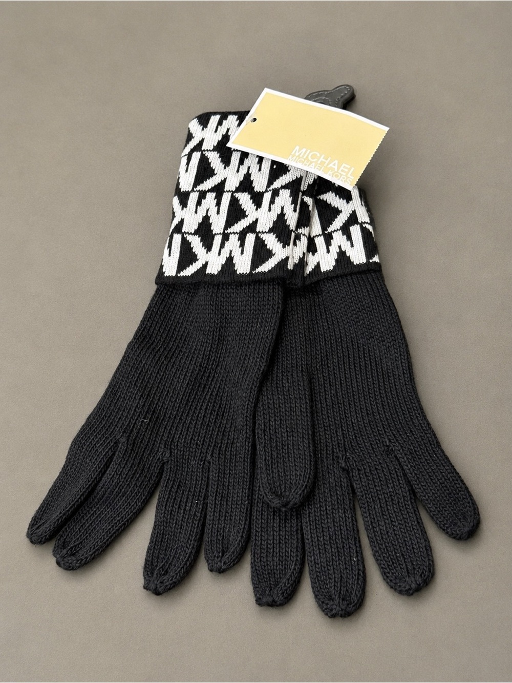 Michael Kors Black Knit Gloves with White Logo Cuff